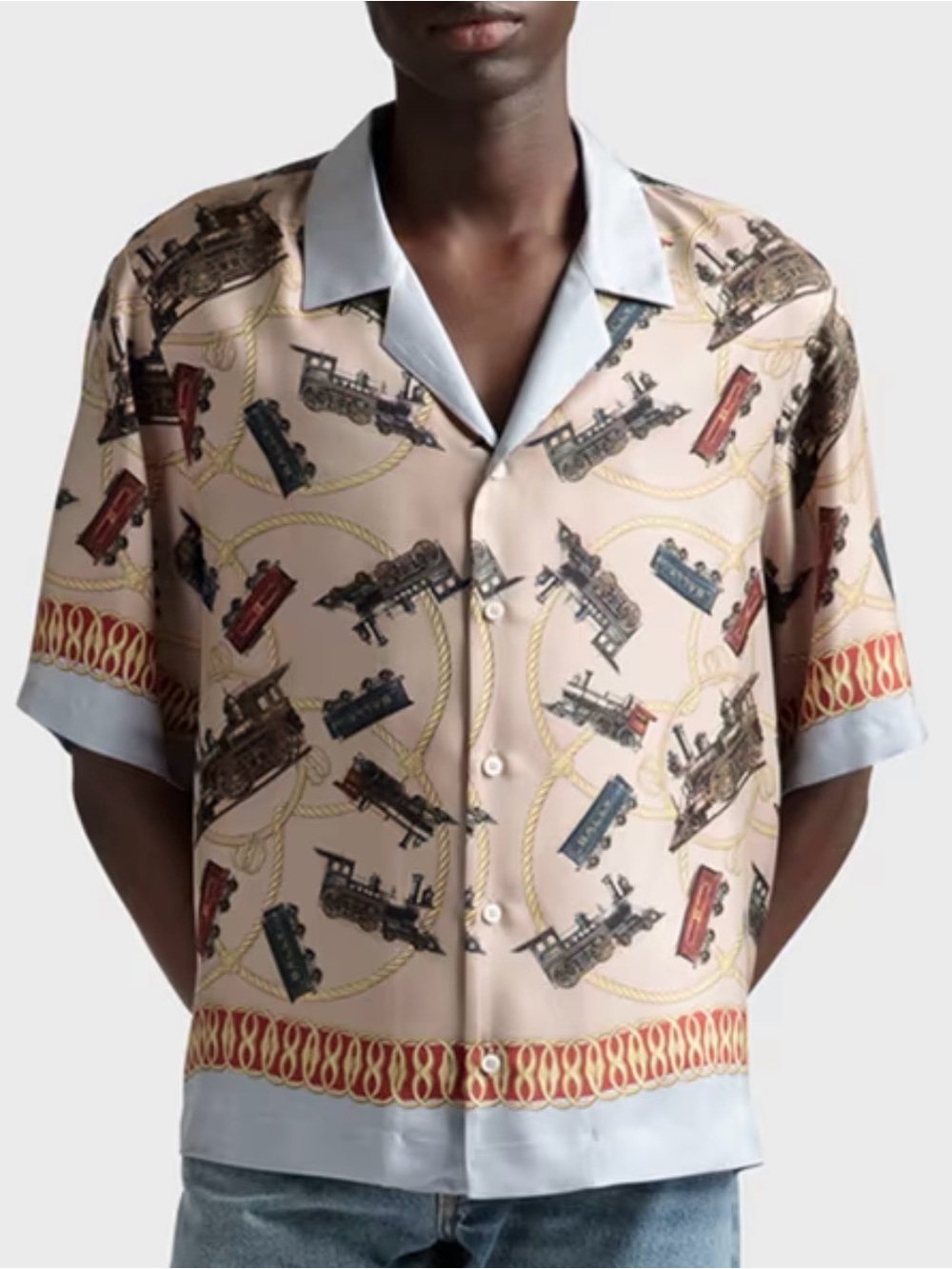 Bally Pale Pink Train-Print Short Sleeve Button-Down Shirt - Picture 2 of 5
